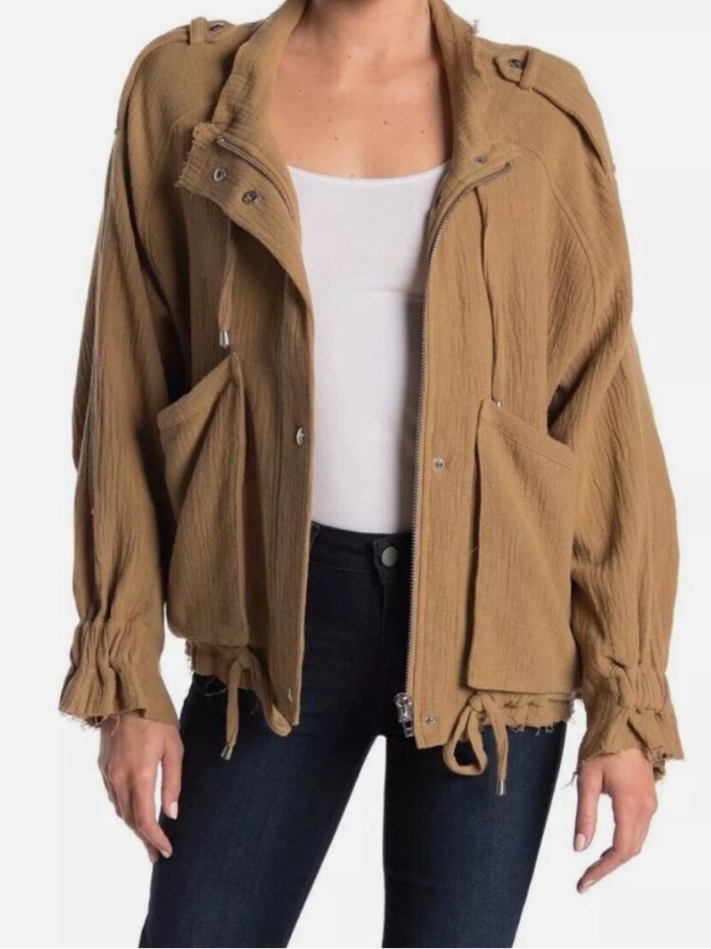 BLANK NYC Tan/ Camel Cotton Voile Gauze Bomber / Utility Jacket